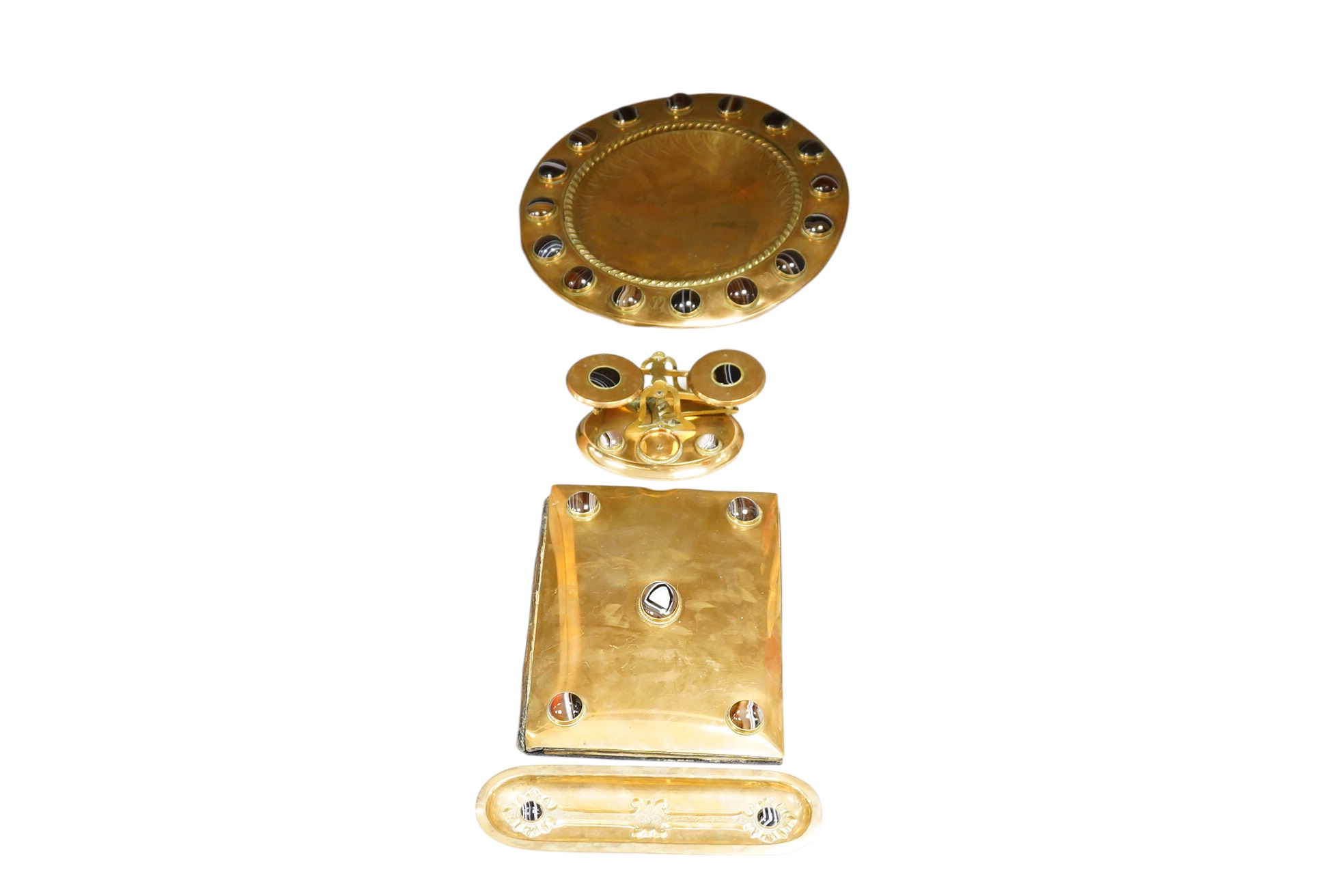 A Victorian brass and agate cabochon mounted set desk set and similar pedestal dish- 29cm diameter.